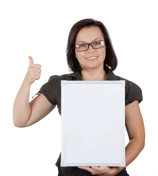 Bella donna d'affari in bicchieri Holding Blank Board con Emp — Foto Stock
