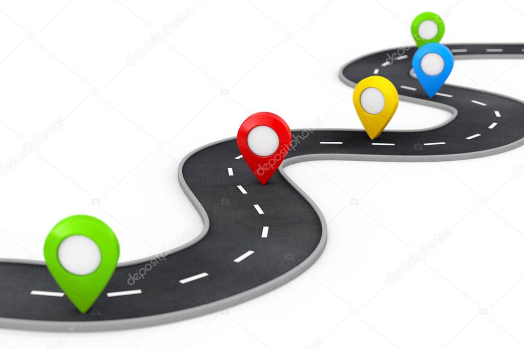 Winding Road with Colorful Pin Pointer. 3d Rendering