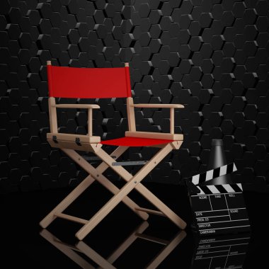 Sinema endüstrisi kavramı. Kırmızı yönetmen koltuğu, film Clapper ve M
