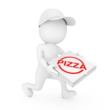 Pizza teslim kavramı. 3D karakter Pizza Pizza kutusu satıcısıyla