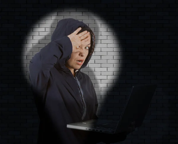 Karnego kobieta Hacker sobie kaptur na przy użyciu laptopa chwytacz wit — Zdjęcie stockowe