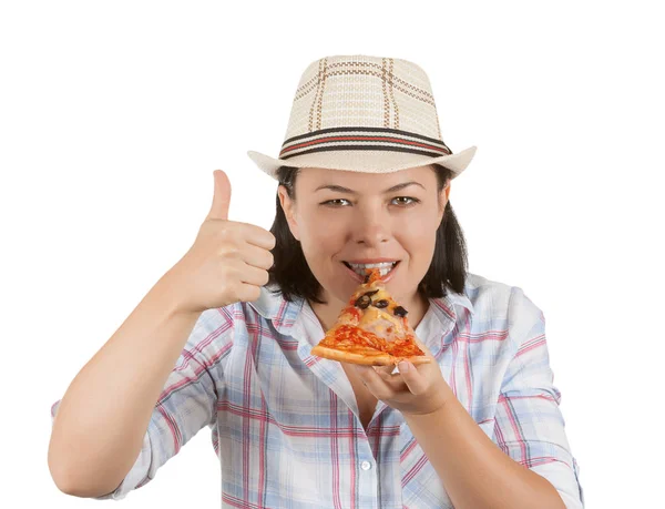 Mulher bonita comendo uma fatia de pizza — Fotografia de Stock