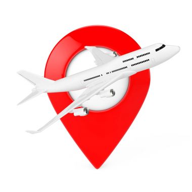 Jet yolcu uçağı kırmızı harita hedef iğne ile beyaz. 3D Rende