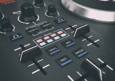 Siyah Modern Dj Set pikap Mikser ekipman. 3D render