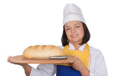 Güzel ve genç birbayan Baker tutarak taze ekmek bıçağı ile 
