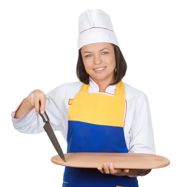 Belle jeune femme chef avec couteau de cuisine et cuisine en bois — Photo