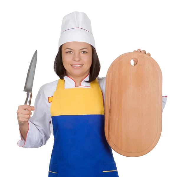 Красива молода жінка шеф-кухар з кухонних ножів і дерев'яні приготування — стокове фото
