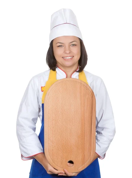 Jovem Chef bela mulher com placa de corte de cozinha de madeira — Fotografia de Stock