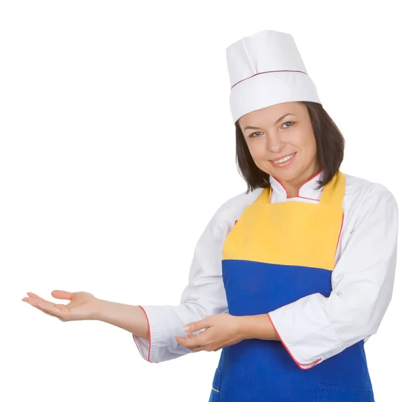 Beautiful Young Woman Chef Points to Copy Space for Yours Design — Stock Photo, Image