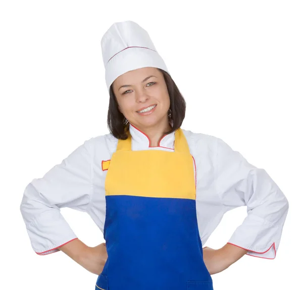 Gülümseyen güzel genç kadın pişirme üniforma şef — Stok fotoğraf