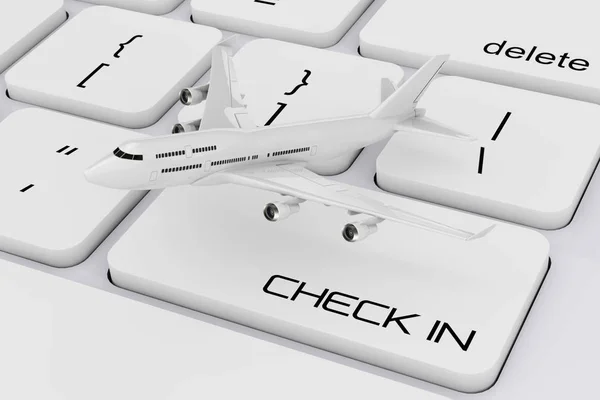 チェックでコンピューターのキーボードの上のジェット旅客機をホワイトします。 — ストック写真