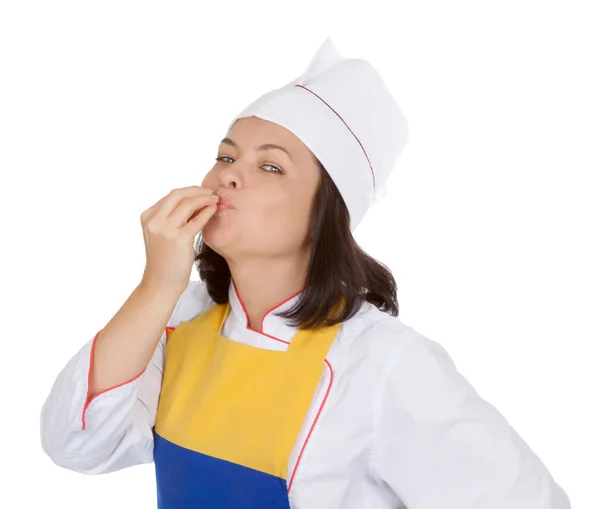 Sabroso concepto de comida. Hermosa mujer joven chef dando un perfecto — Foto de Stock