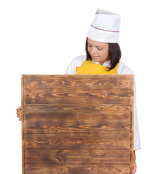 Beautiful Young Woman Chef Holding Big Empty Wooden Board Menu w — Stock Photo, Image