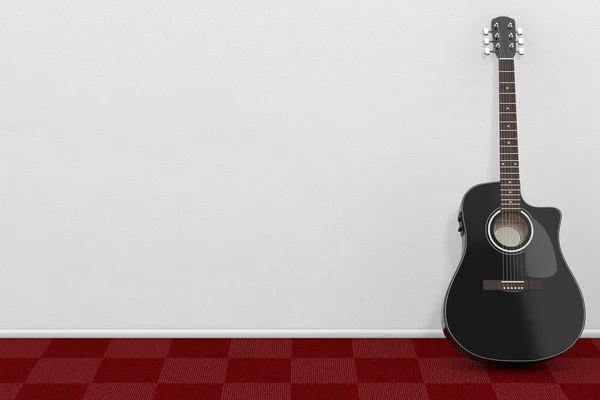 Guitarra acústica de madeira preta no quarto com piso de tapete vermelho e W — Fotografia de Stock