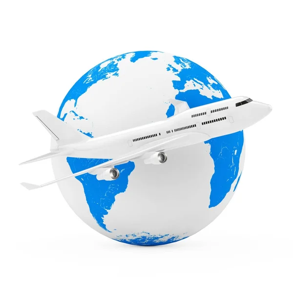 Dünya kavramı etrafında uçan. Jet yolcu uçağı beyaz — Stok fotoğraf