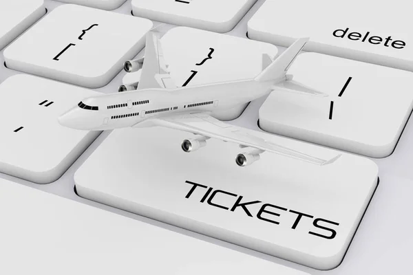 Самолет пассажира White Jet над клавиатурой компьютера с билетом — стоковое фото