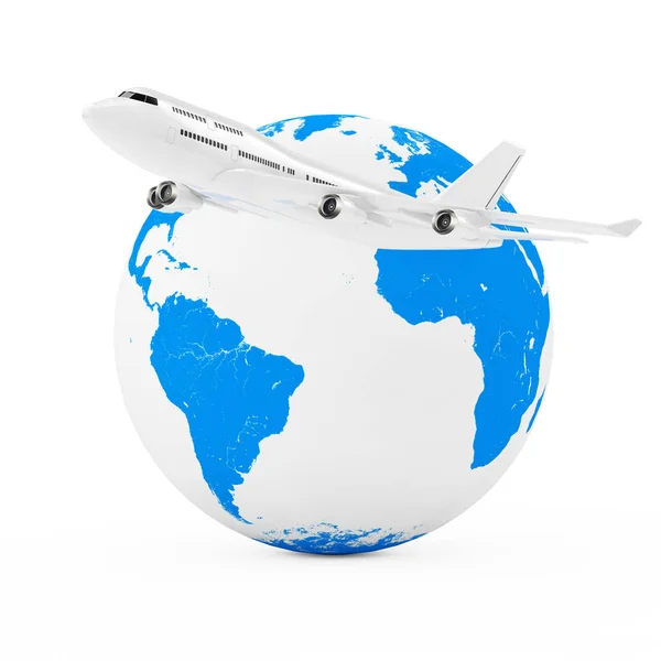世界コンセプト周辺での飛行。白のジェット旅客機 — ストック写真