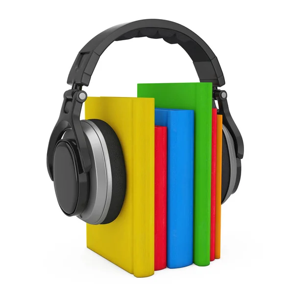 Audio Book Concept. Auriculares inalámbricos negros con libros. 3d Ren —  Fotos de Stock