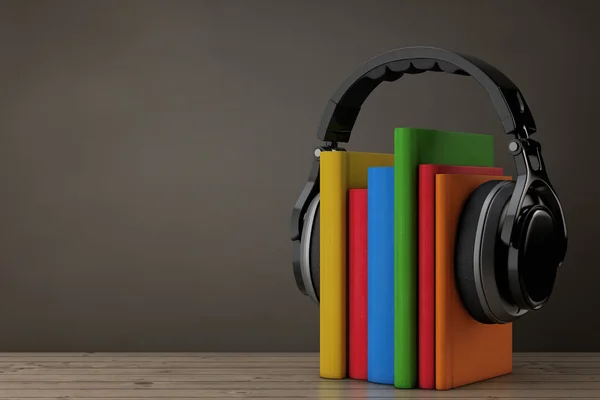 Concept de livre audio. Casque sans fil noir avec livres. 3d Ren — Photo