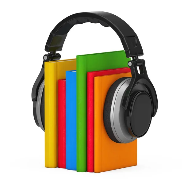 Ljud bok koncept. Svart trådlös hörlurar med böcker. 3D Ren — Stockfoto