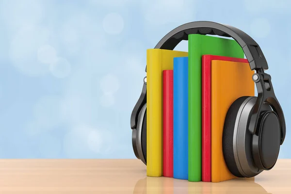 Hörbuchkonzept. schwarze drahtlose Kopfhörer mit Büchern. 3d ren — Stockfoto