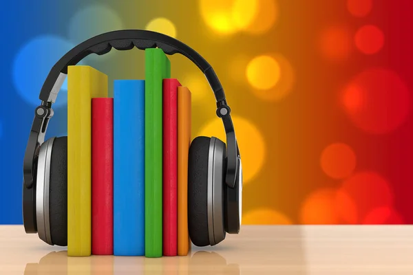 Concetto audiolibro. Cuffie senza fili nere con libri. 3d Ren — Foto Stock