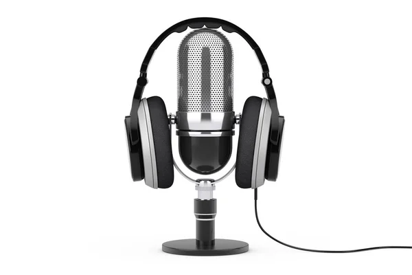 Black Headphones over Microphone. 3d Rendering — Stock Photo, Image