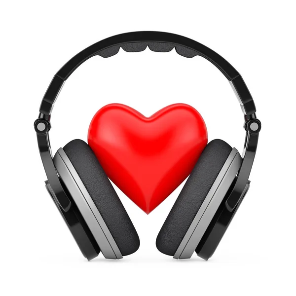 Liefde muziek Concept. Zwarte draadloze hoofdtelefoons en een rood hart. 3 — Stockfoto