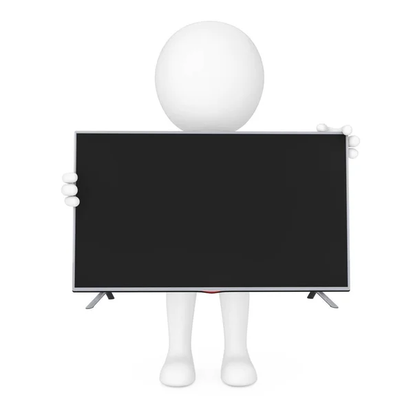 3d kleine Person im Stehen halten in den Händen moderne flache LED oder LCD-Fernseher — Stockfoto