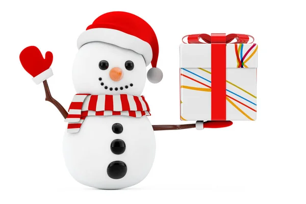 New Year Concept. Snowman with Christmas Stripped White Gift Box — Stock Photo, Image