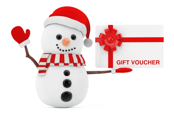 New Year Concept. Snowman with Gift Voucher Card. 3d Rendering