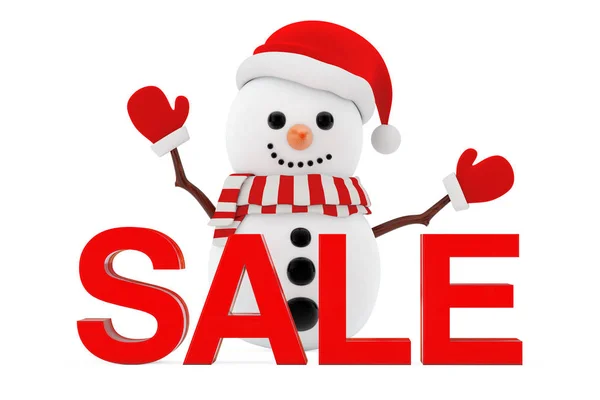Conceito de venda de ano novo. Boneco de neve com sinal de venda de Natal. 3d Rend — Fotografia de Stock