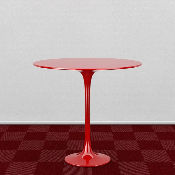 Mesa redonda roja sobre suelo de alfombra roja contra pared blanca. 3d Rende —  Fotos de Stock