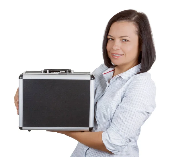 Donna d'affari in possesso di una valigetta in alluminio con combinazione Lo — Foto Stock