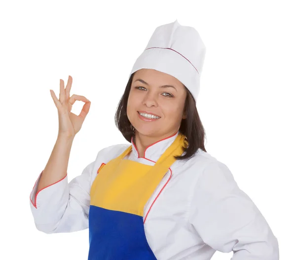 Hermosa mujer joven Chef Mostrando signo bien — Foto de Stock