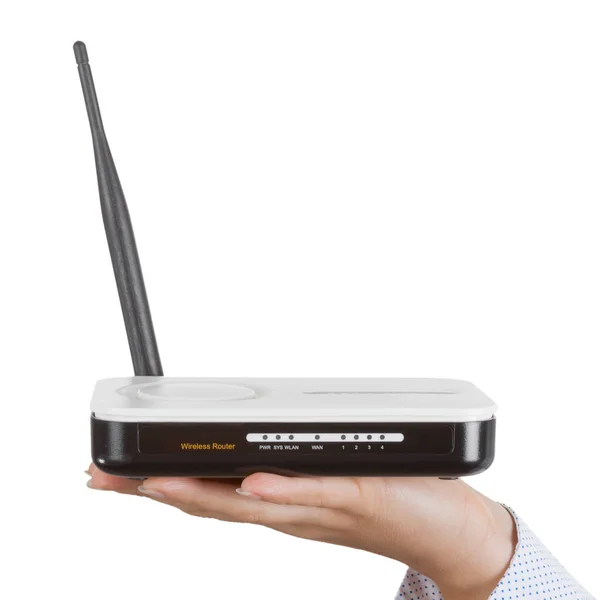 Wireless Modem Router Hardware over vrouw Palm — Stockfoto