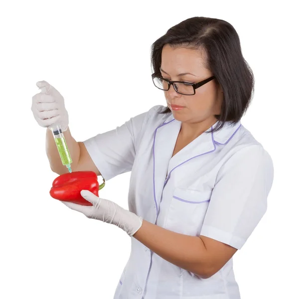 Dietitian Scientist Female Doctor Holding Red Paprika Being Inje — Stock Photo, Image