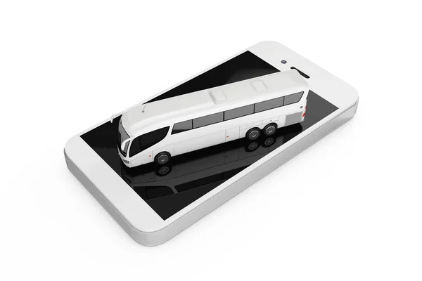 Online Booking Concept. Big White Coach Tour Bus over Mobile Pho — Stock Photo, Image