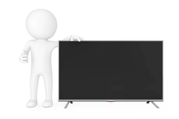 3d Piccola persona in piedi accanto al moderno piatto Led o TV LCD. 3d R — Foto Stock