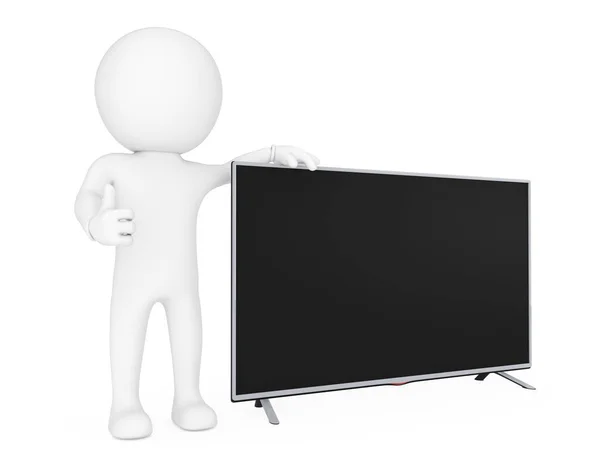 3d 小人站在现代平面 Led 或液晶电视旁边. 3d R — 图库照片