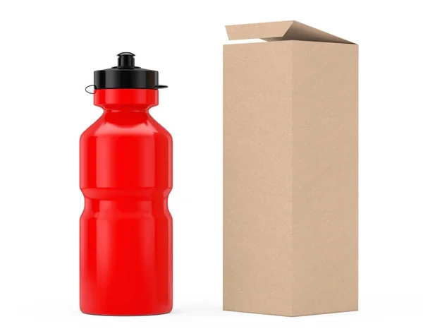 Modèle de bouteille d'eau en plastique sport rouge avec papier kraft en carton — Photo