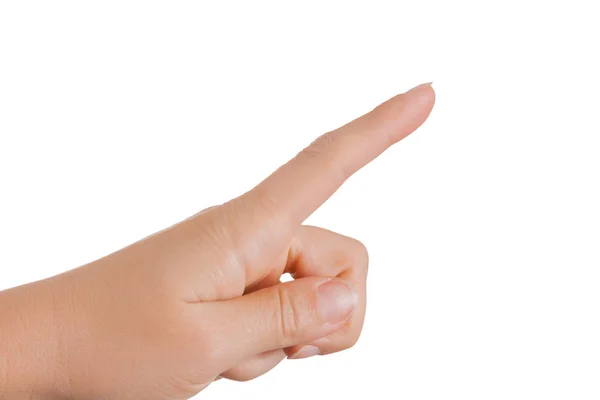 Main féminine pointant ou simulant en appuyant sur un bouton geste de — Photo