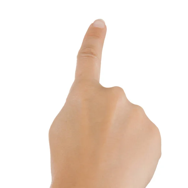 Main féminine pointant ou simulant en appuyant sur un bouton geste de — Photo
