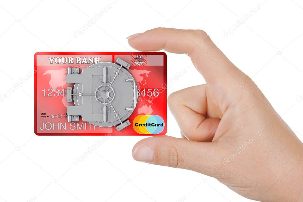Secure Online Banking Concept. Closeup Woman Hand Hold Credit Ca