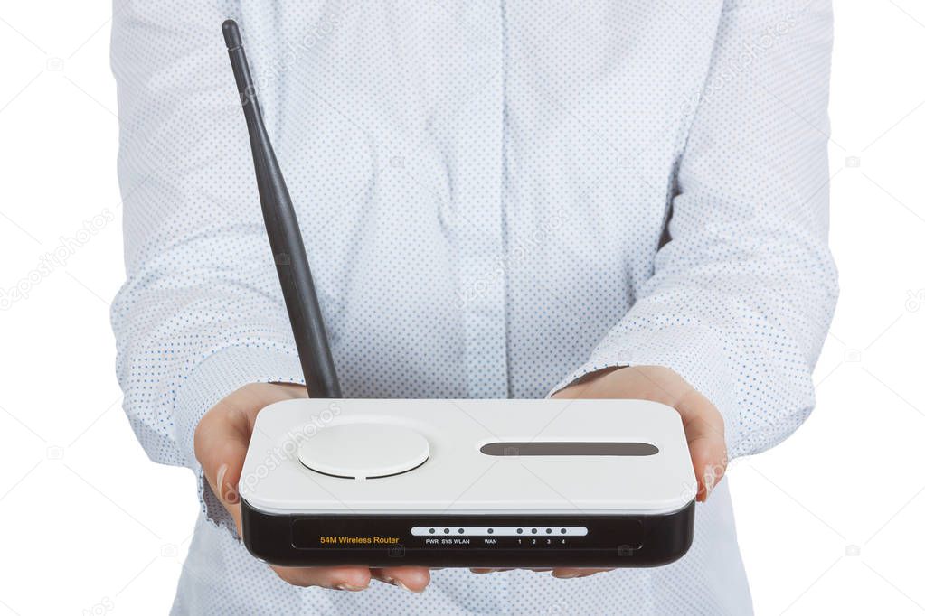 Wireless Modem Router Hardware in Woman Palm
