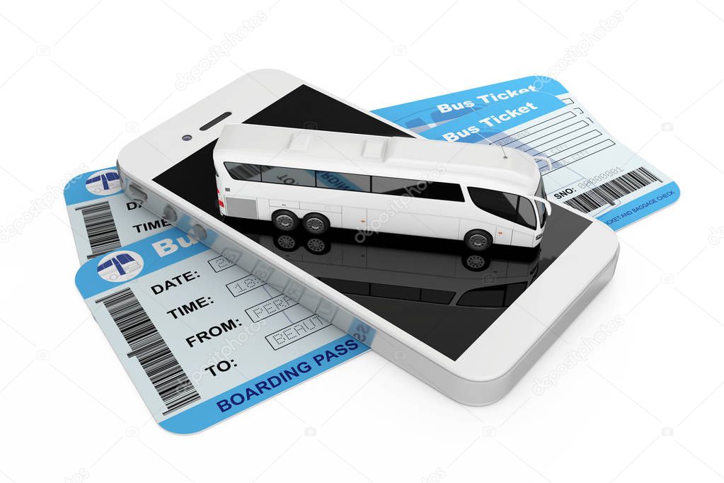 Online Booking Concept. Big White Coach Tour Bus over Mobile Pho