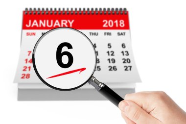 Epiphany gün kavramı. Büyüteç ile 6 Ocak 2018 takvim