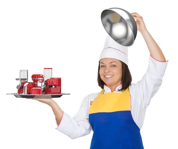 Conjunto de electrodomésticos de cocina. Hermosa mujer joven Chef con Red Blen —  Fotos de Stock