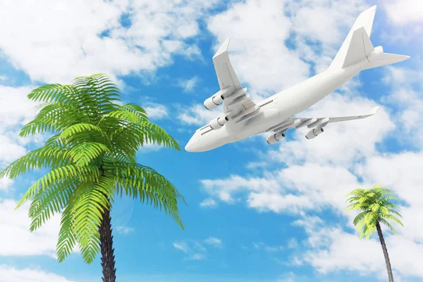 Avião do passageiro do jato branco sobrevoando palmeiras tropicais o — Fotografia de Stock