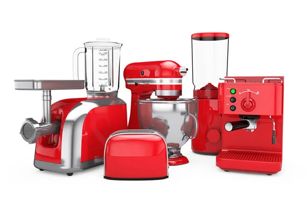 Mutfak aletleri ayarlayın. Kırmızı Blender, ekmek kızartma makinesi, kahve makinesi, beni — Stok fotoğraf